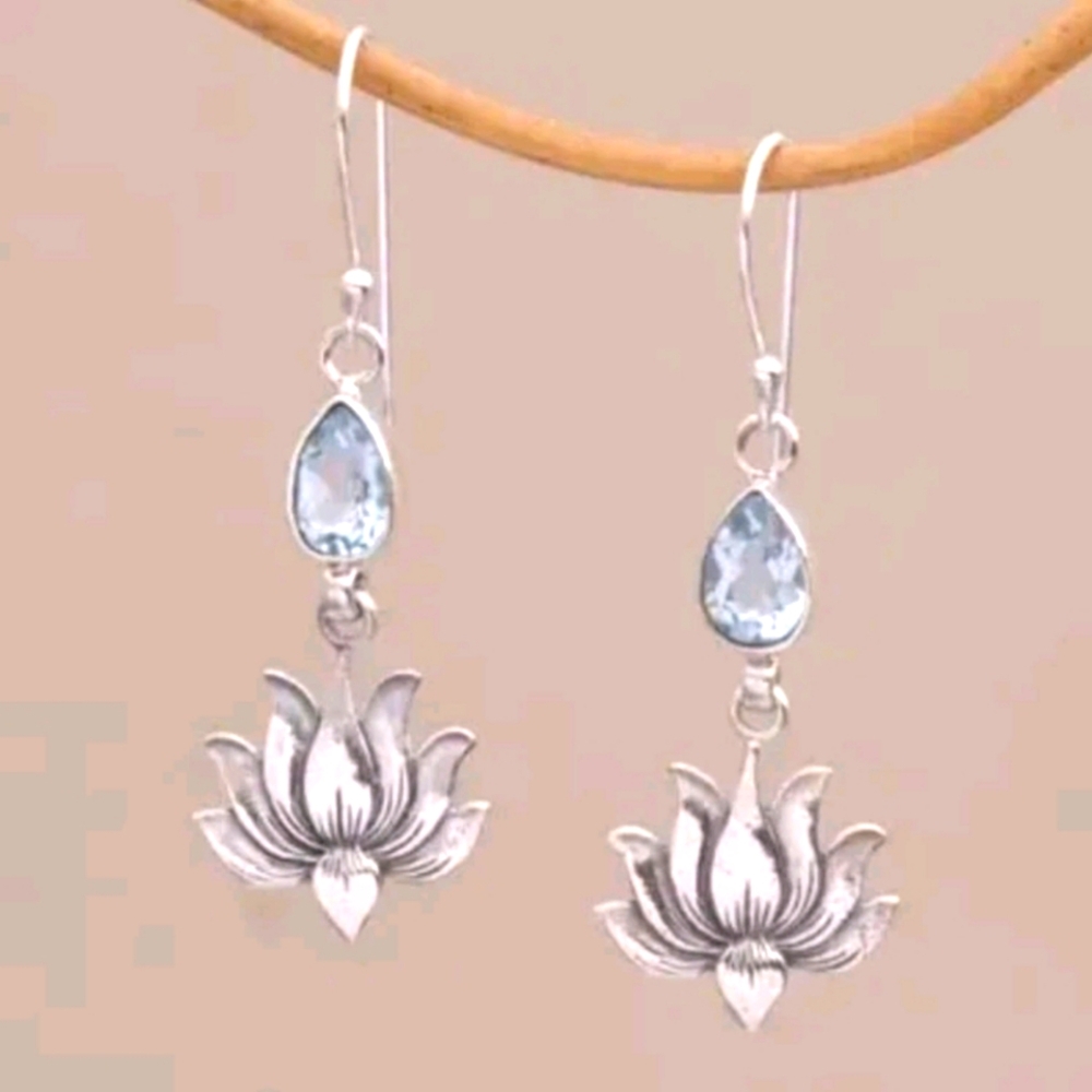 New Dangle Gem with Lotus Earrings